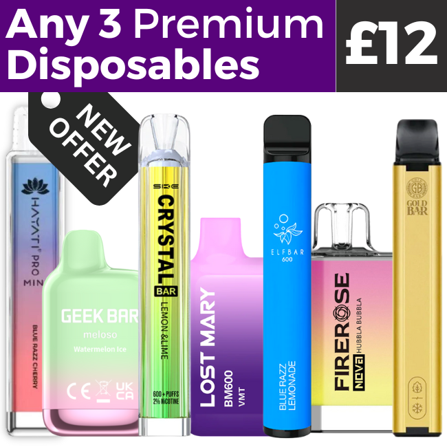 Any 3 Premium Disposables for £12 – Royal Vapes